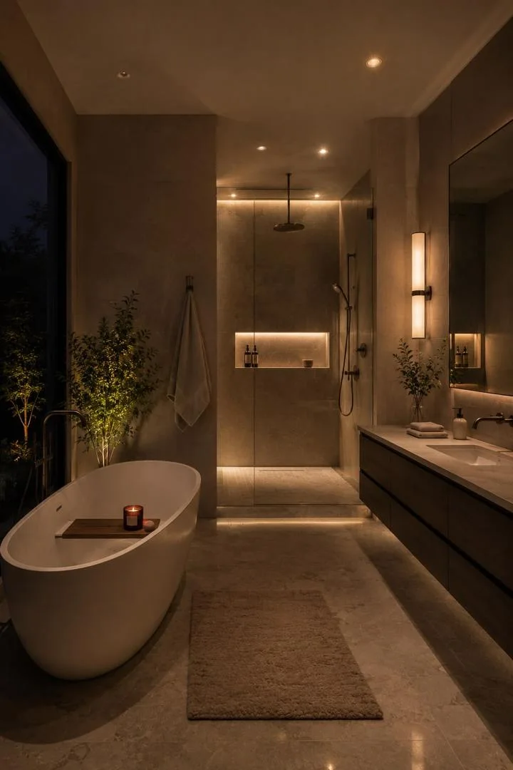 Moody bathroom with freestanding tub, glass shower, lit niche and dark vanity