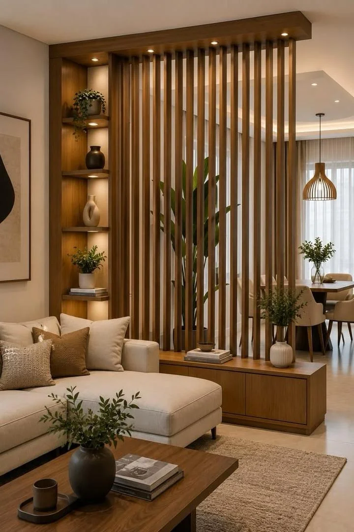 Living area with a vertical timber slat partition, lit display shelves and a dining space beyond
