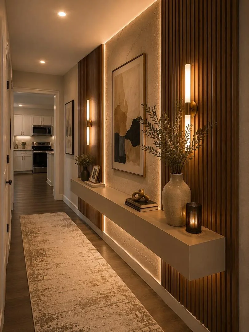 Hallway with floating lit shelf, slatted wall panel, wall sconces and a runner rug
