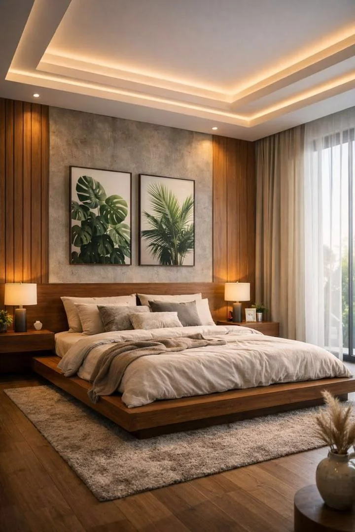 Master bedroom with low timber bed, wood-panelled walls, botanical artwork and a lit ceiling